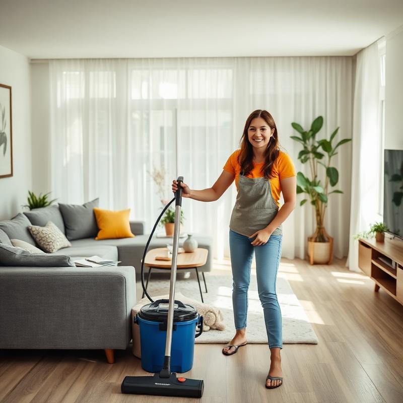 Cleaner vacuuming a bright living room in Bristol